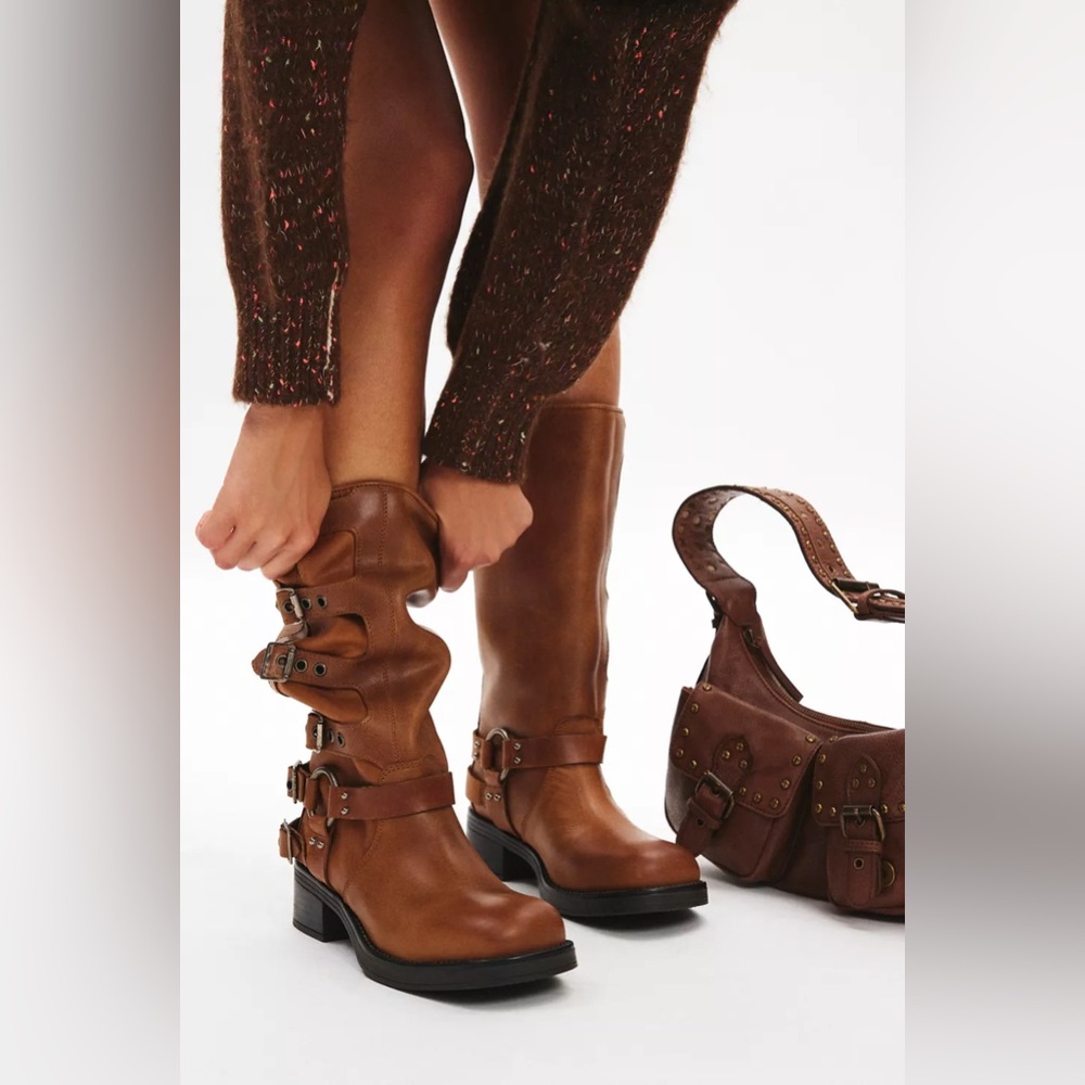 Steve Madden Rocky (also referred to as Brocks) Cognac Distressed Moto Boots